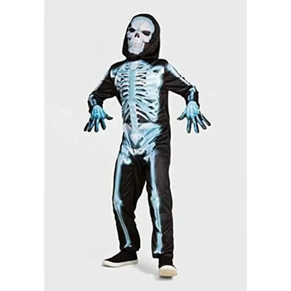 NEW X-Ray Skeleton Halloween Costume Kids Boy Girl Medium Jumpsuit Mask Gloves